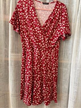 New Fensace Red Floral V‑Neck Wrap Mini Dress size L